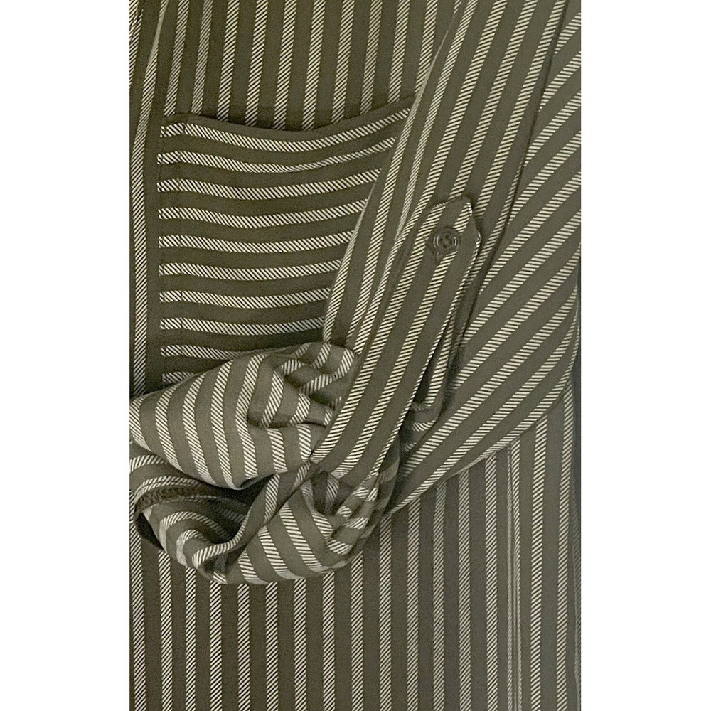 Maurice's XS Green Cream Striped Blouse Roll Tab Sleeve Button In Front‎ Pocket - Picture 3 of 9